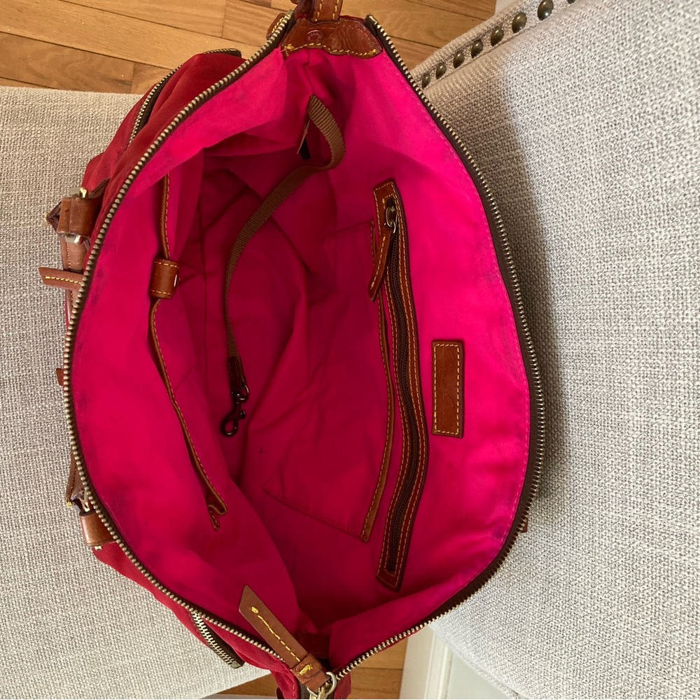 Dooney & Bourke Red Nylon Tote with Brown Leather Trim - Picture 8 of 9